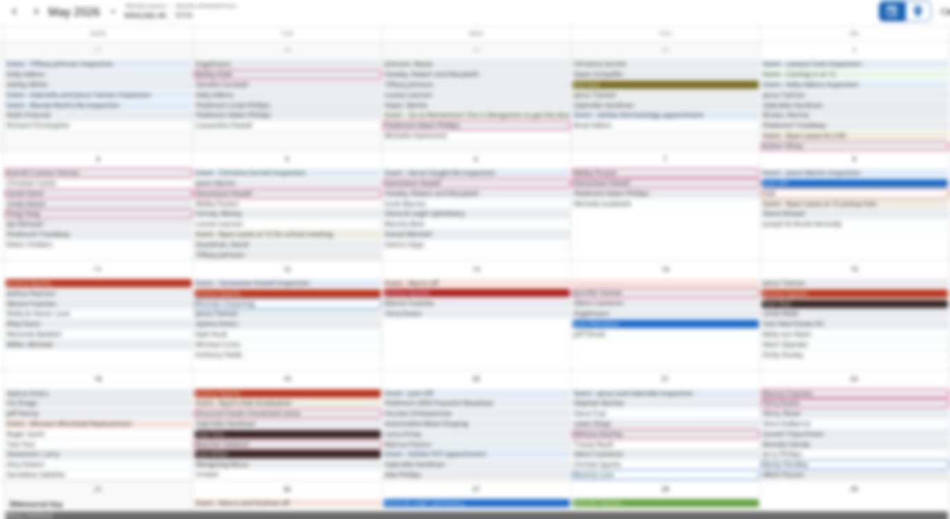 Filled home service calendar (client names blurred for privacy)