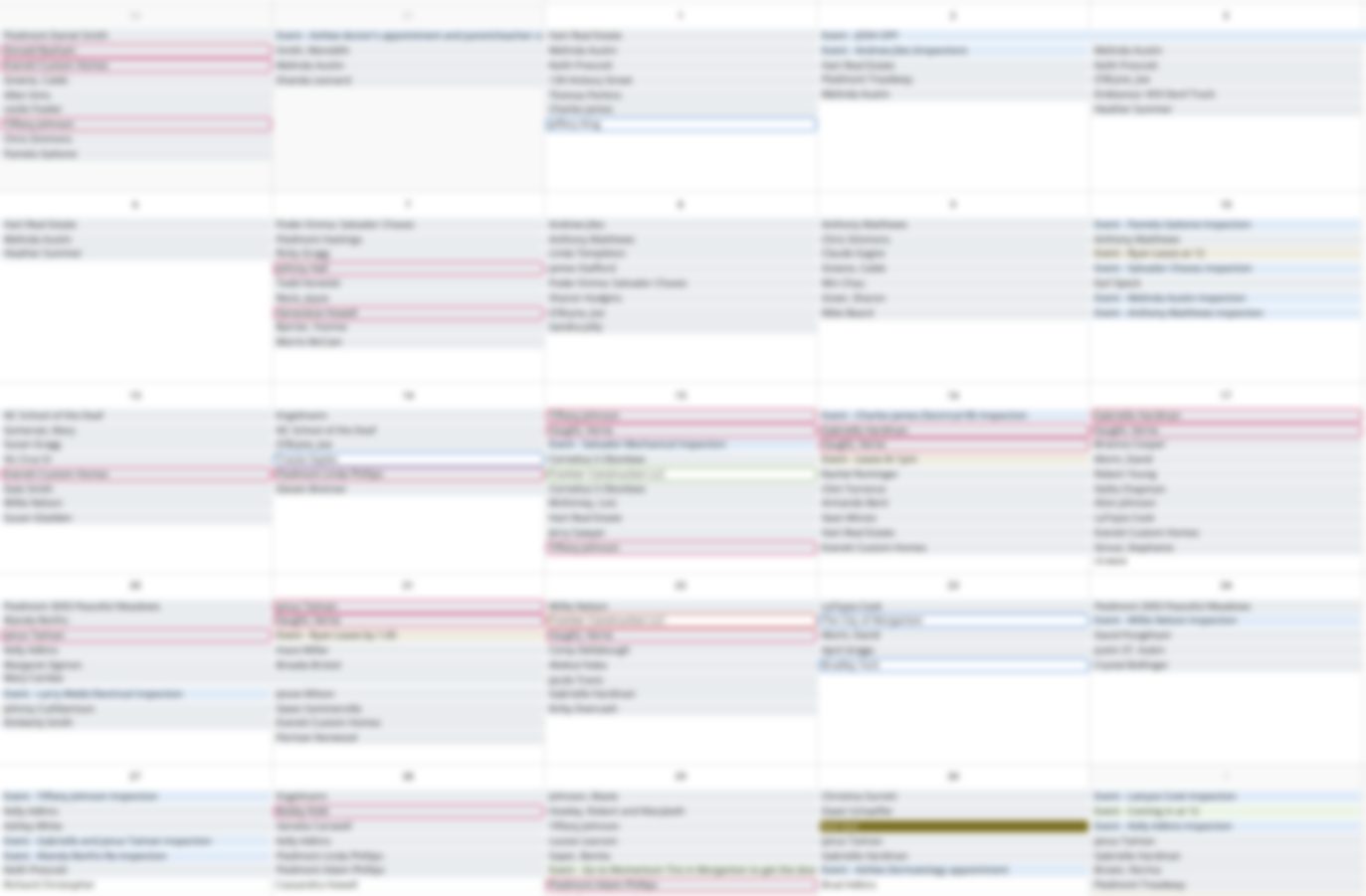 Filled home service calendar (client names blurred for privacy)