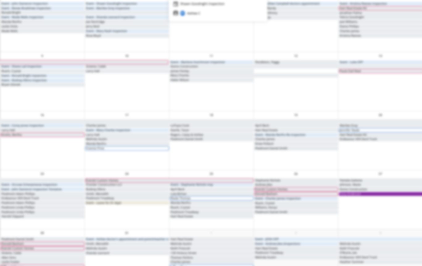 Filled home service calendar (client names blurred for privacy)